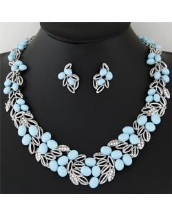 Gem Fruits and Hollow Leaves Fashion Costume Necklace and Earrings Set - Light Blue