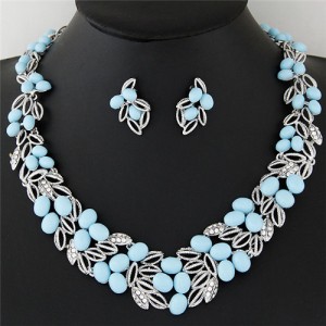Gem Fruits and Hollow Leaves Fashion Costume Necklace and Earrings Set - Light Blue