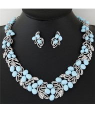 Gem Fruits and Hollow Leaves Fashion Costume Necklace and Earrings Set - Light Blue