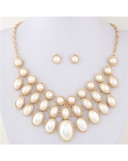Korean Fashion Round and Oval Pearls Inlaid Graceful Golden Costume Necklace and Earrings Set