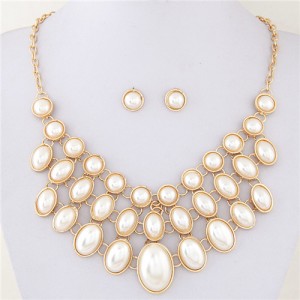 Korean Fashion Round and Oval Pearls Inlaid Graceful Golden Costume Necklace and Earrings Set