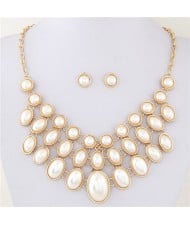 Korean Fashion Round and Oval Pearls Inlaid Graceful Golden Costume Necklace and Earrings Set