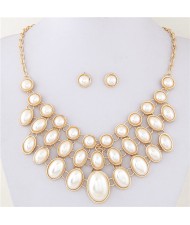 Korean Fashion Round and Oval Pearls Inlaid Graceful Golden Costume Necklace and Earrings Set