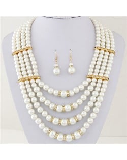 Four Layers Pearl with Rhinestone Decorations High Fashion Necklace and Earrings Set