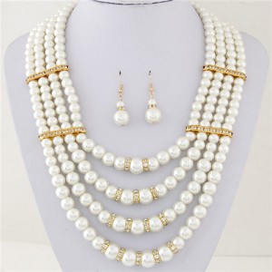 Four Layers Pearl with Rhinestone Decorations High Fashion Necklace and Earrings Set