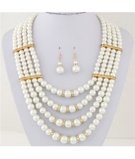 Four Layers Pearl with Rhinestone Decorations High Fashion Necklace and Earrings Set