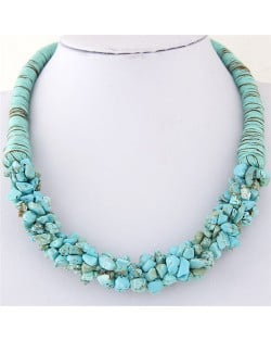 Bohemian Fashion Garlets Pendant Weaving Rope Short Costume Necklace - Teal