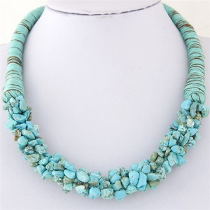 Bohemian Fashion Garlets Pendant Weaving Rope Short Costume Necklace - Teal