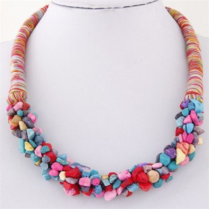 Bohemian Fashion Garlets Pendant Weaving Rope Short Costume Necklace - Multicolor