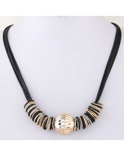 Golden Ball with Alloy Rings Pendants Wax Rope Fashion Costume Necklace