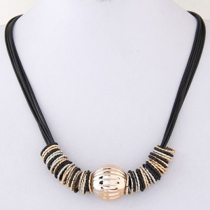 Golden Ball with Alloy Rings Pendants Wax Rope Fashion Costume Necklace