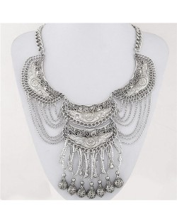 Bold Ethnic Style with Alloy Dangling Ball Pendants Statement Fashion Necklace - Silver