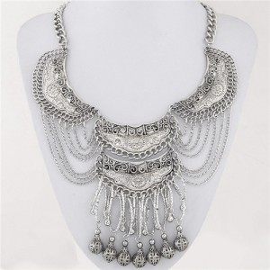 Bold Ethnic Style with Alloy Dangling Ball Pendants Statement Fashion Necklace - Silver