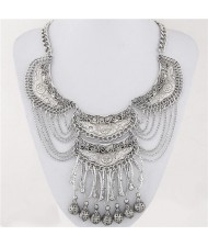 Bold Ethnic Style with Alloy Dangling Ball Pendants Statement Fashion Necklace - Silver