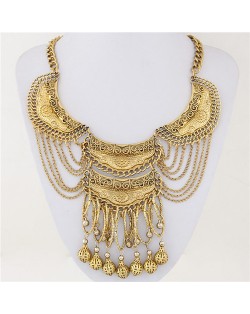 Bold Ethnic Style with Alloy Dangling Ball Pendants Statement Fashion Necklace - Golden