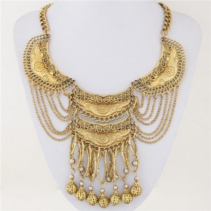 Bold Ethnic Style with Alloy Dangling Ball Pendants Statement Fashion Necklace - Golden