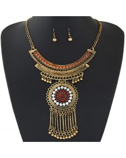 Rhinestone Inlaid Round Floral Pendant with Tassel Design Arch Shape Statement Fashion Necklace and Earrings Set - Golden