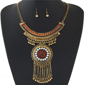 Rhinestone Inlaid Round Floral Pendant with Tassel Design Arch Shape Statement Fashion Necklace and Earrings Set - Golden