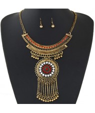 Rhinestone Inlaid Round Floral Pendant with Tassel Design Arch Shape Statement Fashion Necklace and Earrings Set - Golden