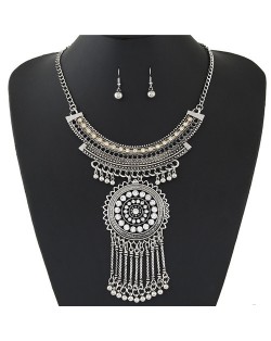 Rhinestone Inlaid Round Floral Pendant with Tassel Design Arch Shape Statement Fashion Necklace and Earrings Set - Silver