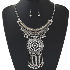 Rhinestone Inlaid Round Floral Pendant with Tassel Design Arch Shape Statement Fashion Necklace and Earrings Set - Silver