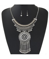 Rhinestone Inlaid Round Floral Pendant with Tassel Design Arch Shape Statement Fashion Necklace and Earrings Set - Silver