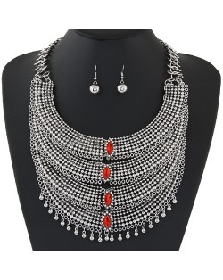Rhinestone Embellished Multiple Layers Arches Statement Fashion Necklace and Earrings Set - Red