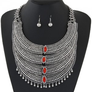 Rhinestone Embellished Multiple Layers Arches Statement Fashion Necklace and Earrings Set - Red