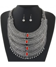 Rhinestone Embellished Multiple Layers Arches Statement Fashion Necklace and Earrings Set - Red