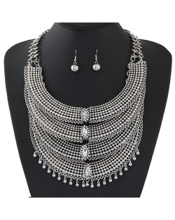 Rhinestone Embellished Multiple Layers Arches Statement Fashion Necklace and Earrings Set - Transparent