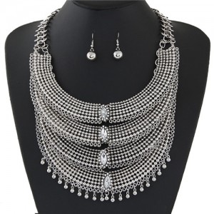 Rhinestone Embellished Multiple Layers Arches Statement Fashion Necklace and Earrings Set - Transparent