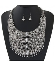Rhinestone Embellished Multiple Layers Arches Statement Fashion Necklace and Earrings Set - Transparent