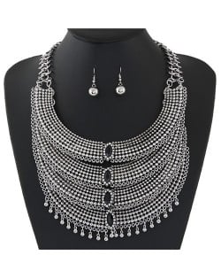 Rhinestone Embellished Multiple Layers Arches Statement Fashion Necklace and Earrings Set - Black