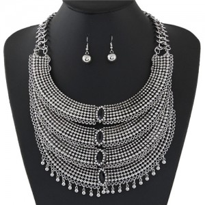 Rhinestone Embellished Multiple Layers Arches Statement Fashion Necklace and Earrings Set - Black