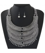 Rhinestone Embellished Multiple Layers Arches Statement Fashion Necklace and Earrings Set - Black