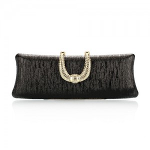 Bark Texture with Rhinestone Inlaid Handle Design Fashion Evening Handbag - Black