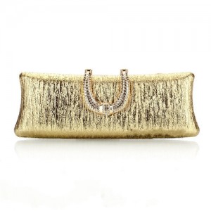 Bark Texture with Rhinestone Inlaid Handle Design Fashion Evening Handbag - Golden