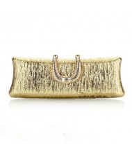 Bark Texture with Rhinestone Inlaid Handle Design Fashion Evening Handbag - Golden