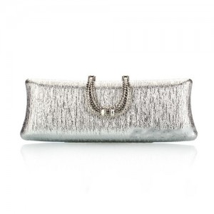 Bark Texture with Rhinestone Inlaid Handle Design Fashion Evening Handbag - Silver
