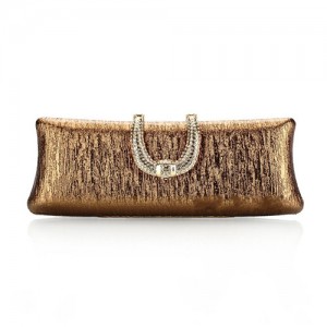 Bark Texture with Rhinestone Inlaid Handle Design Fashion Evening Handbag - Coffee