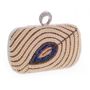 Pearls Combined Leaf Design with Rhinestone Inlaid Decoration Fashion Handbag/ Shoulder Bag - Champagne