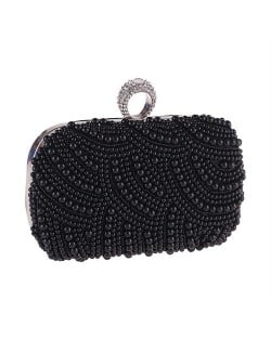 Korean Fashion Pearls Allover with Rhinestone Inlaid Ring Design Evening Handbag - Black