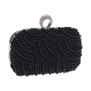 Korean Fashion Pearls Allover with Rhinestone Inlaid Ring Design Evening Handbag - Black