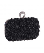 Korean Fashion Pearls Allover with Rhinestone Inlaid Ring Design Evening Handbag - Black