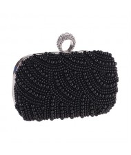 Korean Fashion Pearls Allover with Rhinestone Inlaid Ring Design Evening Handbag - Black