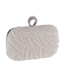 Korean Fashion Pearls Allover with Rhinestone Inlaid Ring Design Evening Handbag - White