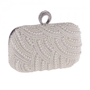 Korean Fashion Pearls Allover with Rhinestone Inlaid Ring Design Evening Handbag - White