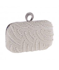 Korean Fashion Pearls Allover with Rhinestone Inlaid Ring Design Evening Handbag - White