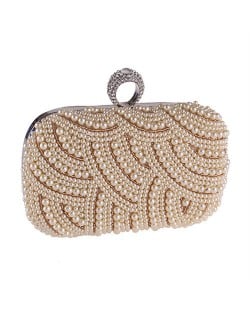 Korean Fashion Pearls Allover with Rhinestone Inlaid Ring Design Evening Handbag - Champagne