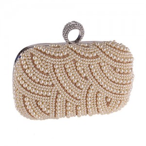 Korean Fashion Pearls Allover with Rhinestone Inlaid Ring Design Evening Handbag - Champagne